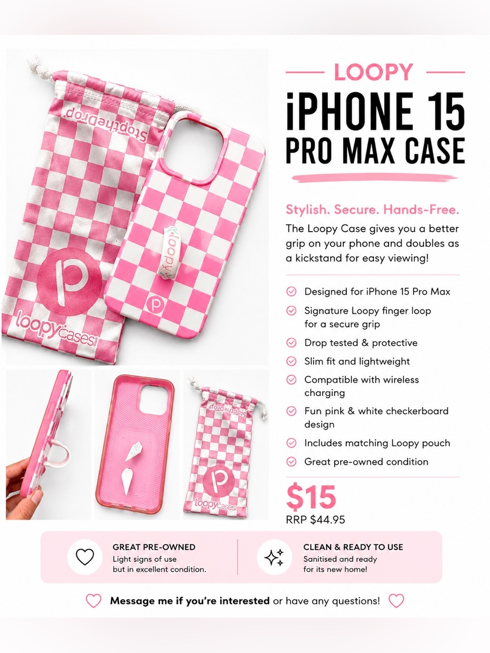 Loopy Case Pink & White Checkerboard iPhone 15 Pro Max